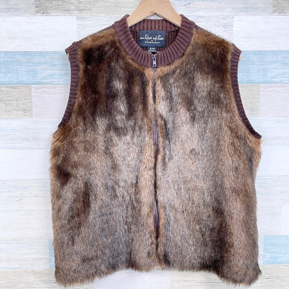 Outdoor Edition Parkhurst Faux Fur Ribbed Vest Jacket Brown Zip VTG Womens XL